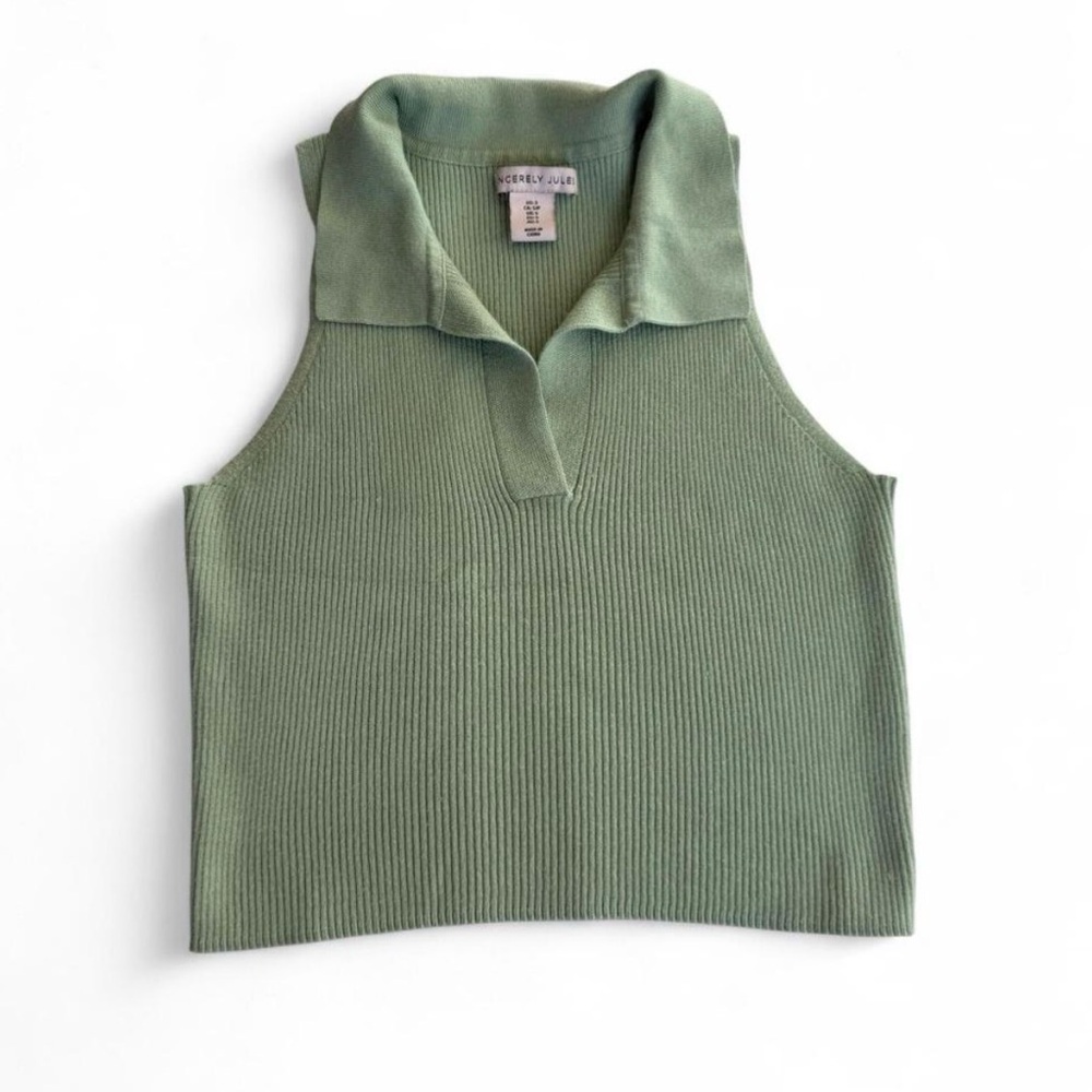 Classic Sincerely Jules Ribbed Polo Tank Top in Light Sage Seafoam Green Size S